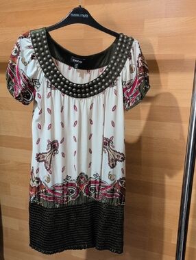 bebe White Paisley Short Dress with Studded Neckline